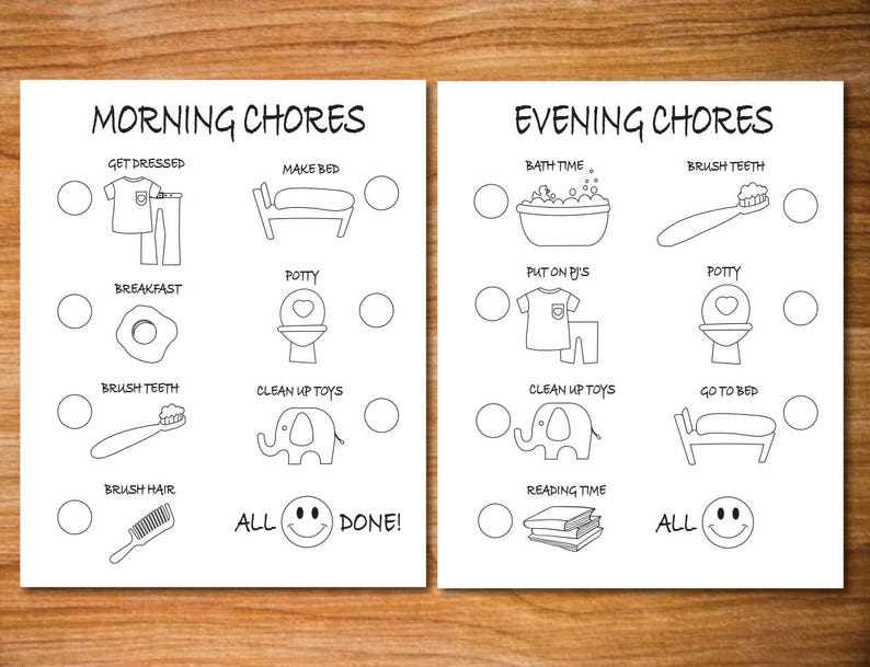 Op de afbeelding: Zwart-witte printbare takenlijst voor kinderen met illustraties van aankleden, bed opmaken, tanden poetsen, ontbijten, naar de wc gaan, pyjama aantrekken, naar bed gaan, lezen en speelgoed opruimen. De lijst heeft vinkjes voor elke taak en staat onderaan "Alles gedaan!"