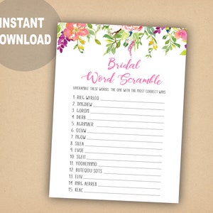 Word scramble, bridal word scramble, Modern Bridal Shower games, Pink Flower Floral Bridal Shower Game Printable, Wedding Shower