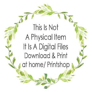 Op de afbeelding: Een groene krans van bladeren met de tekst "This Is Not A Physical Item It Is A Digital Files Download & Print at home/ Printshop" in het midden.