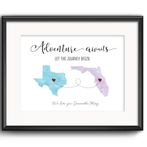 May include: Framed print with the words "Adventure awaits" and "Let the journey begin." The print features watercolor maps of Texas and Florida, connected by a dotted line, with hearts marking locations. The text "We love you Samantha May" is at the bottom.
