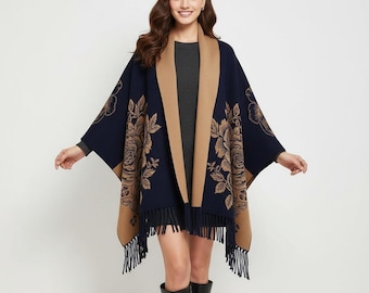 Floral Jacquard Poncho Cape, Fringe Winter Shawl Wrap, Two Tone Sleeved Cardigan, Evening Shoulder Wrap Gift