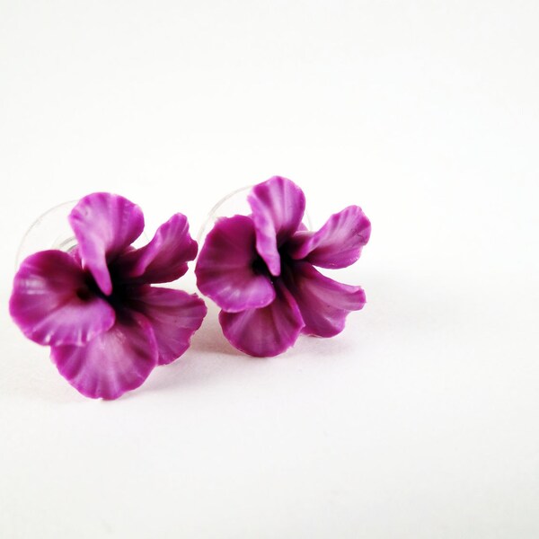 Small Purple 'Plumeria' Flower - German Polymer Earrings