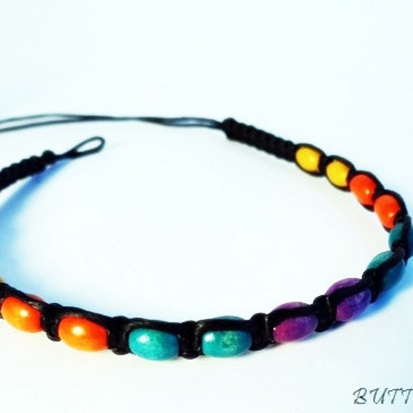 Waxed Woven Bracelet - Purple, Turquoise, Orange & Yellow Beads