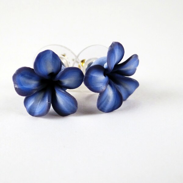 Small Blue 'Plumeria' Flower -  German Polymer Clay Earrings