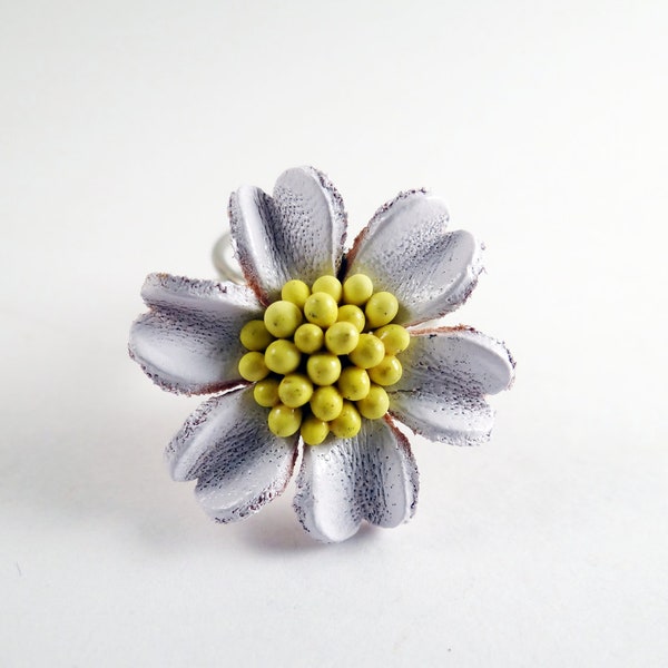 White and Yellow Leather Flower Ring