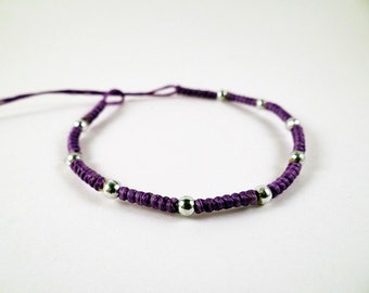 Waxed Woven Bracelet - Purple with Silver Beads