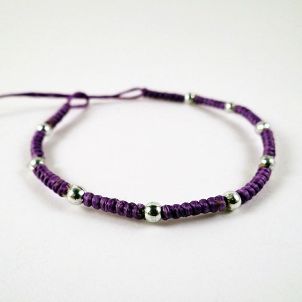 Waxed Woven Bracelet - Purple with Silver Beads