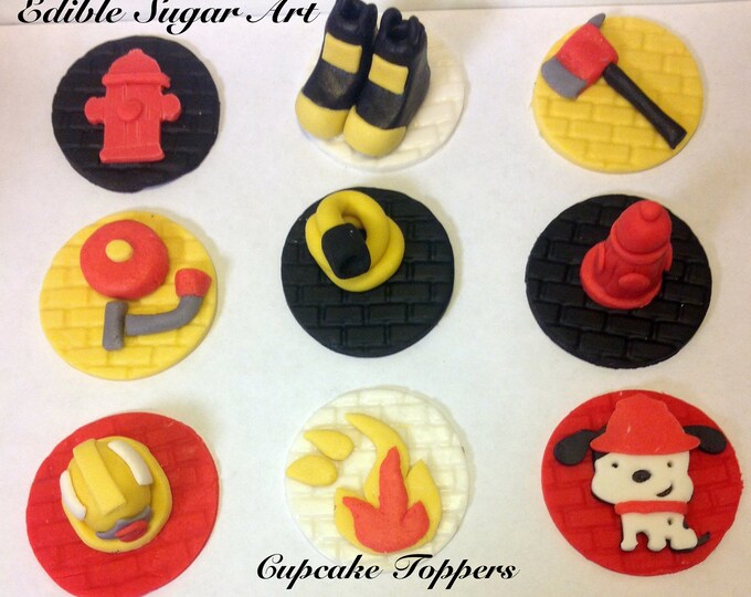 Fondant Fire Truck Cupcake Topper FIREFIGHTER CAKE TOPPER Etsy