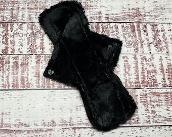 12" Heavy Minky flow Reusable Cloth Pad - Black New York Plush Minky - Ready to Ship Mickey Mouse KamSnap