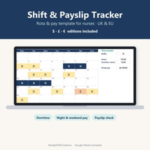 May include: A digital Shift & Payslip Tracker template for nurses displayed on a screen. The calendar grid features color-coded shift blocks labeled D, N, and E. A summary table on the right shows 15 shifts, 170.00 hours, 13.50 overtime hours, and £4,730.00 gross pay. Buttons below include Overtime, Night & weekend pay, and Payslip check.
