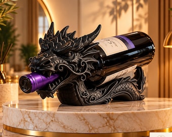 Wijnfleshouder met zwarte draak, gotisch wijnrek met draak, fantasievol harsbeeld, unieke decoratie voor thuisbar, cadeau voor drakenliefhebbers