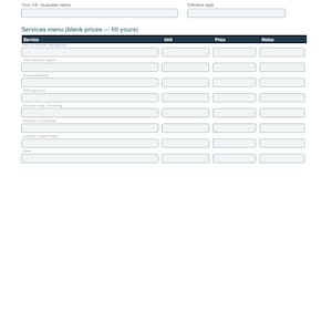 VAサービスと料金ガイドテンプレート | バーチャルアシスタント料金表（PDF）