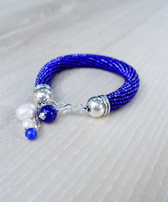 Bead Crochet Rope Bracelet. Navy Blue Bold Bracelet. Beaded | Etsy