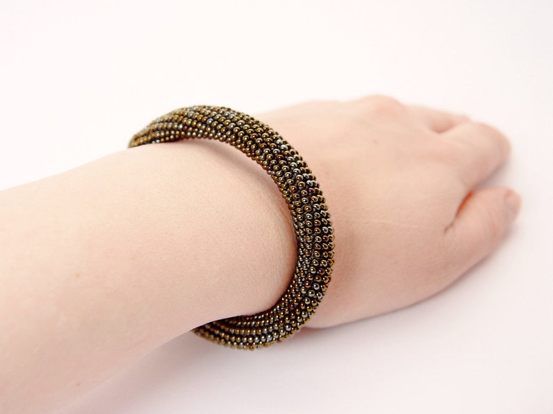 bead crochet rope bracelet. Metallic brown bold bracelet. Beaded multicolor jewelry. Hand crocheted image 4
