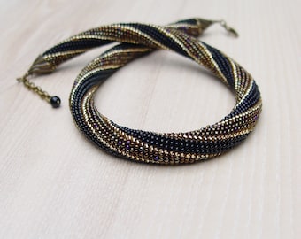bead crochet rope necklace. Metallic brown gold black  necklace. Beaded multicolor jewelry. Hand crocheted. Statement necklace