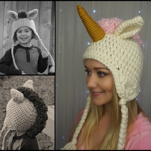 May include: A white crocheted unicorn hat with a pink pom-pom and a gold horn. The hat has long white ear flaps and a white crocheted braid.