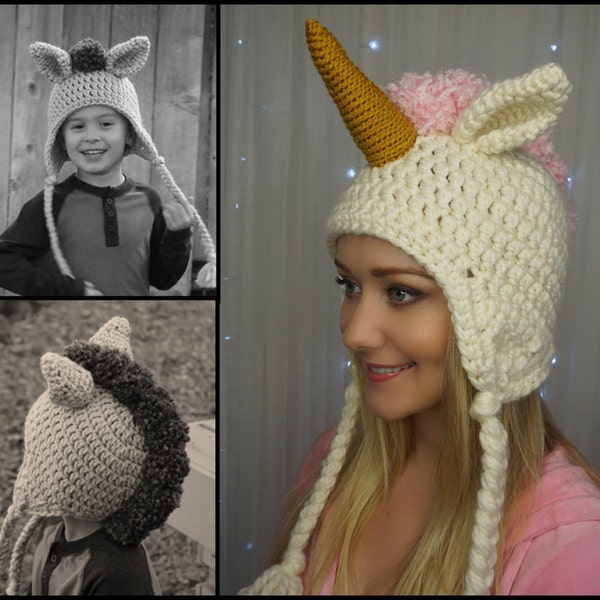 Chunky Unicorn/Mustang Hat - Crochet Pattern - Size: Child, Teen/Adult Small, Adult Large ... Instant Download