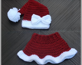 Mrs. Claus' Santa Hat & Skirt Crochet Pattern ... Size: Newborn, 3-6 mo, 6- 12 mo, 12-24 mo ... Photo Prop ... Instant Download