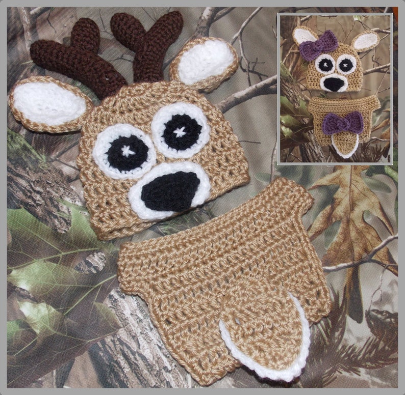 Daddys Little Dear Crocheted Newborn Deer Hat & Diaper Cover Pattern ... Instant Download image 1
