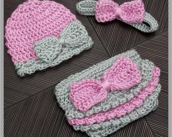 Ruffles & Bows Hat, Headband and Diaper Cover Set ... Crochet Pattern - Size: Newborn ... Instant Download