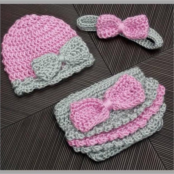 Ruffles & Bows Hat, Headband and Diaper Cover Set ... Crochet Pattern - Size: Newborn ... Instant Download