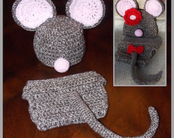 Mouse Baby Hat & Diaper Cover Crochet Pattern … Size: Newborn, Photo Prop ... Girl or Boy ... Instant Download