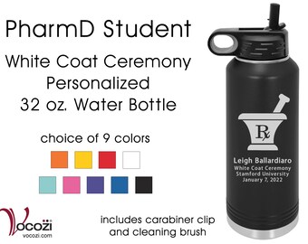 Pharmacy Student White Coat Ceremony Vacuum Insulated Stainless Steel Personalized Water Bottle Mortar and Pestle 32 oz