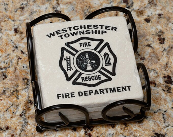 Firefighter Fire Department Name Tumbled Stone Coasters Set Etsy