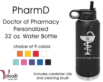 Pharmacist PharmD Vacuum Insulated Black Stainless Steel Personalized Water Bottle Bowl of Hygeia