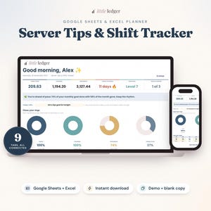 Hoja de cálculo para el seguimiento de propinas y turnos de camareros, plantilla de Google Sheets y Excel, registro de propinas para camareros y bartenders, seguimiento de ganancias por hora.