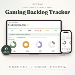 Kalkylblad för spårning av spelstopp, Google Sheets och Excel-mall, spårning av videospel, speltidslogg och journal för slutförda spel