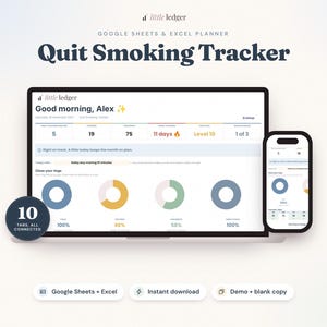 Hoja de cálculo para dejar de fumar, plantilla de Google Sheets y Excel, contador de días sin fumar, registro de antojos, registro de ahorro de dinero.