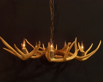 Può includere: Un lampadario realizzato con corna di cervo con cinque lampadine. Le corna sono di colore marrone naturale e le lampadine sono in vetro trasparente.