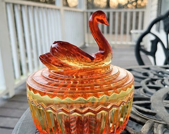 Vintage Amberina Glass swan Jar with lid Amber glass retro antique glass 60s 70s 80s powder dish