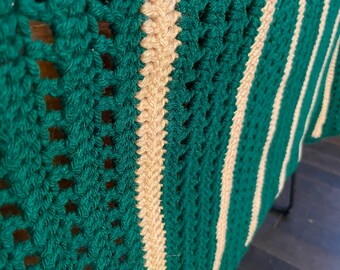 Vintage Green and Cream Afghan handmade blanket 70s 80s 60s crochet blanket couch throw retro