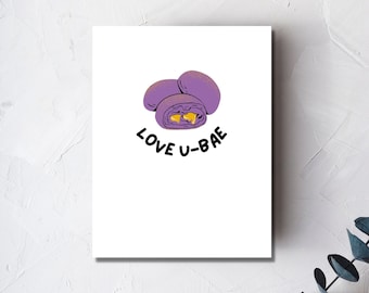 Könnte beinhalten: Eine weiße Karte mit einer Illustration von Ube-Gebäck in Lila und Gelb und dem Text "LOVE U-BAE".