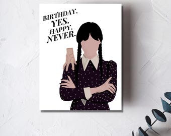 Könnte beinhalten: Weißer rechteckiger Kunstdruck mit einer stilisierten Illustration einer Figur mit schwarzen Zöpfen und einem dunkelvioletten Kleid mit weißen Punkten. Der Text "BIRTHDAY. YES. HAPPY. NEVER." ist oben aufgedruckt.