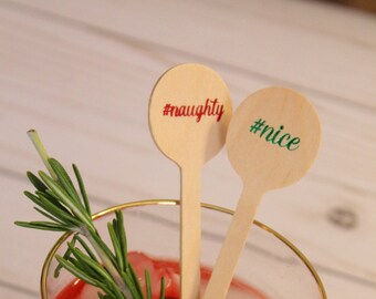 Naughty or Nice Red and Green Foil  Christmas Wooden Coffee or Drink Stirrers