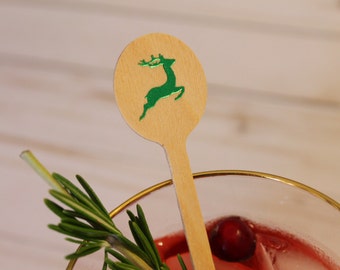 Reindeer Christmas Wooden Coffee or Drink Stirrers in Red, Green or Gold Foil