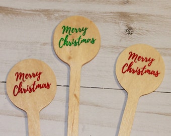 Merry Christmas  Christmas Wooden Coffee or Drink Stirrers in Red and Green Foil