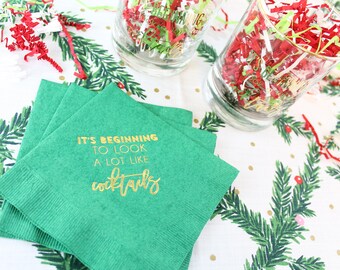 It's Beginning to look a lot like Cocktails - Christmas Beverage / Cocktail Napkins in Gold Foil