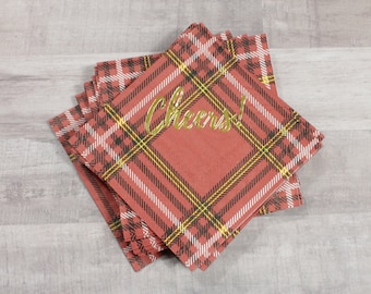 Red Tartan "Cheers!" Gold Foil Napkins - Plaid