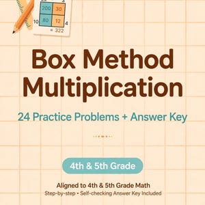 Box Method Multiplication Worksheets PDF, 24 Area Model Problems, 4th and 5th Grade Math Printable with Answer Key