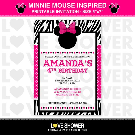 Minnie Mouse BOWTIQUE Disney Inspired Printable Birthday Invitation - Zebra Print - Hot Pink Il_570xn