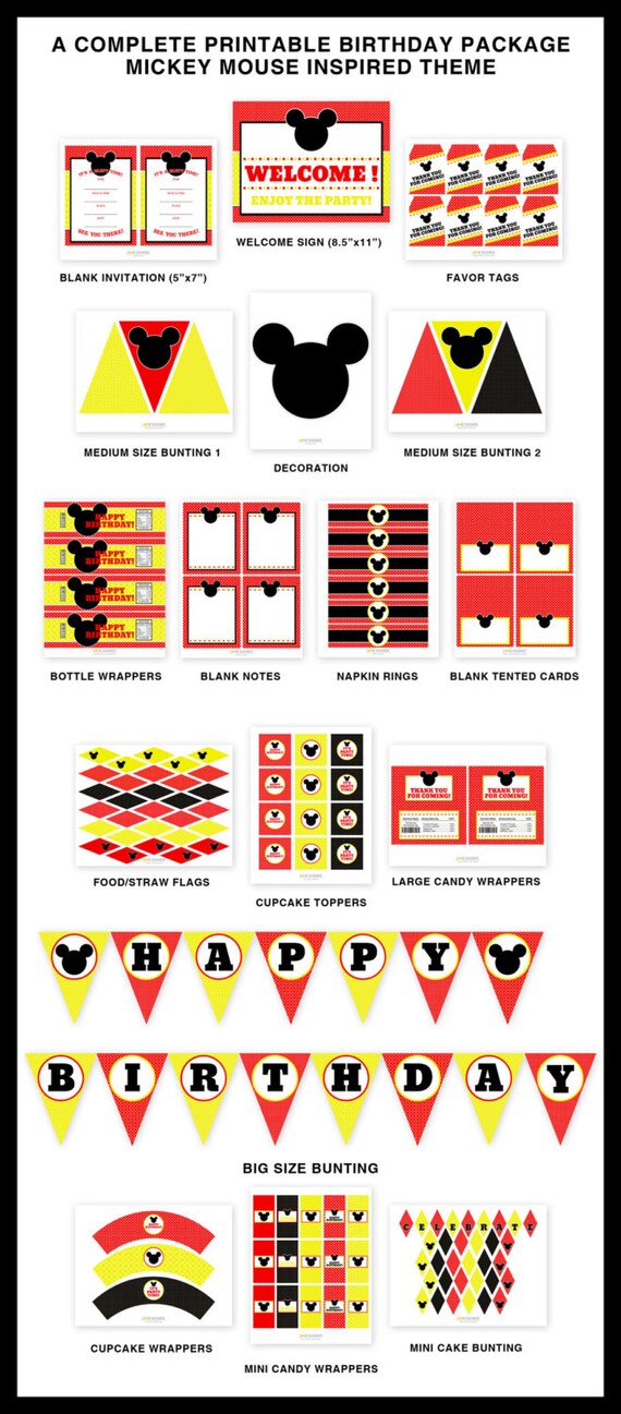 Instant Download - Full Package Mickey Mouse Inspired Printable Birthday Party - 16 Items - PDF Il_570xn