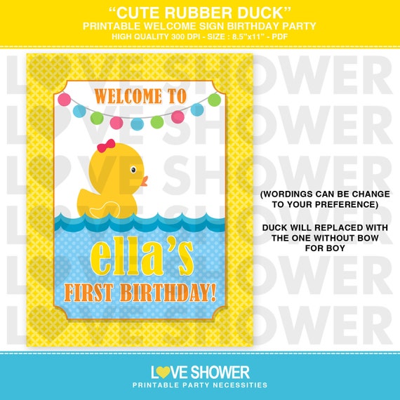 Cute Rubber Duck Printable Birthday Party Welcome Sign - Letter Size Page - PDF - Print Your Own Il_570xn