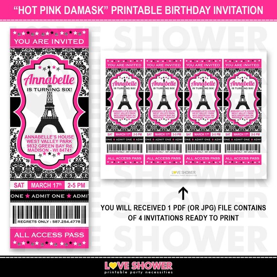 Damask Hot Pink Birthday Invitation Ticket Style - Damask Print - Printable - Digital - Print Your Own - PDF JPG Il_570xn