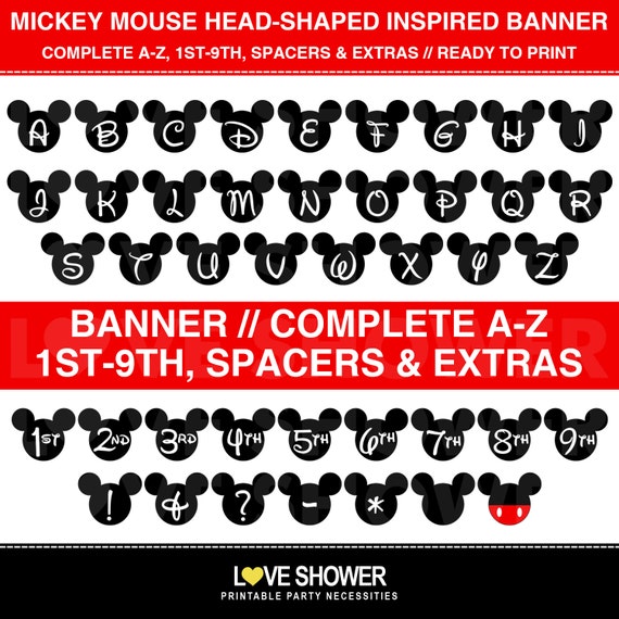 Instant Download. MICKEY MOUSE Head-Shaped Inspired Banner, Complete Alphabets, Ages, Spacers and Extras. Digital Files, PDF Files Il_570xn