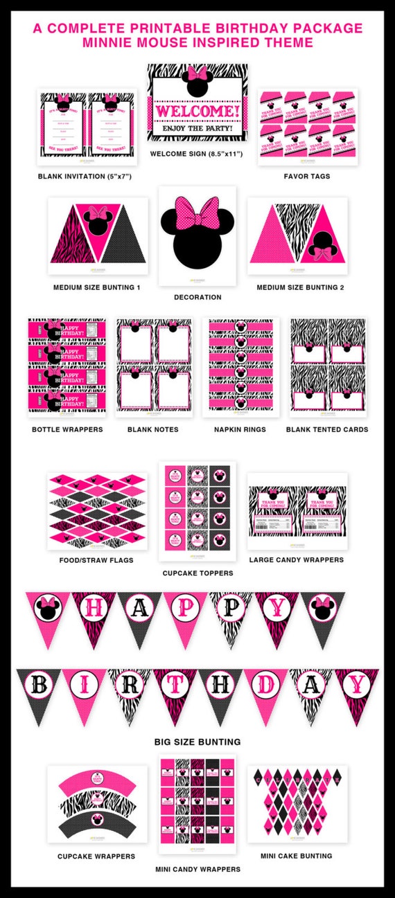 Instant Download - Full Package Minnie Mouse Inspired Printable Birthday Party - 16 Items - PDF Il_570xn