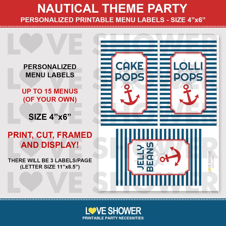 4x6 Pdf Personalized Menu Labels Printable Candy Bar Labels Digital NAUTICAL PARTY ML018 15 Personalized Labels